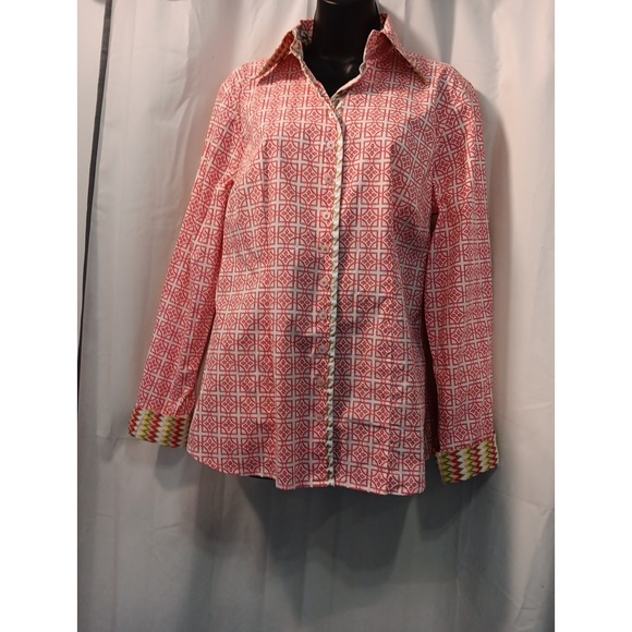 Tizzie Shirt Pink Green Geometric Contrast Cuff Cotton Button Up‎ L - Picture 1 of 9